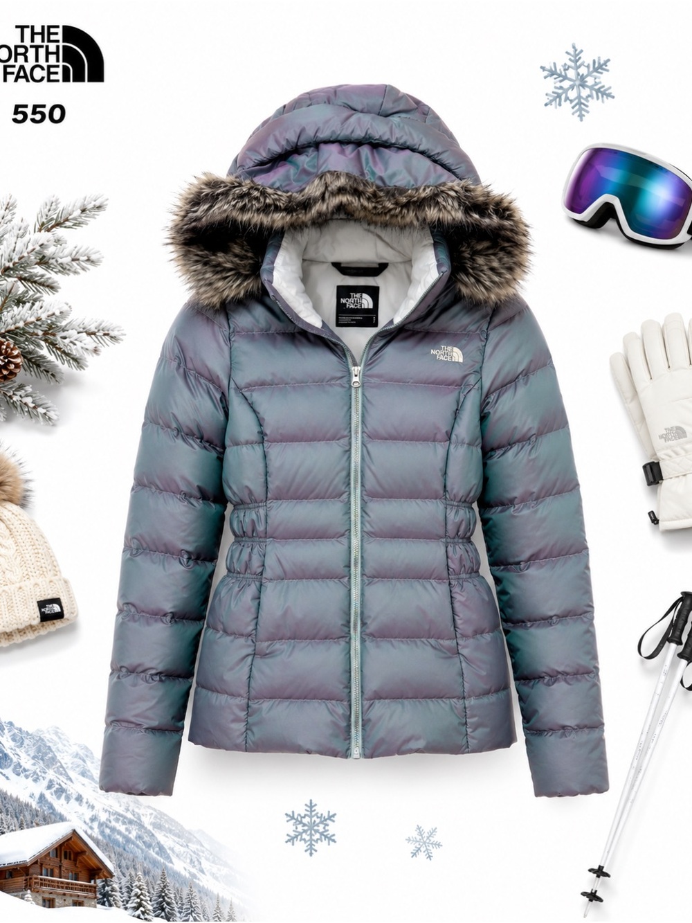 The North Face 550 Goose Down Iridescent Puffer Jacket S Faux Fur Y2K Gorpcore